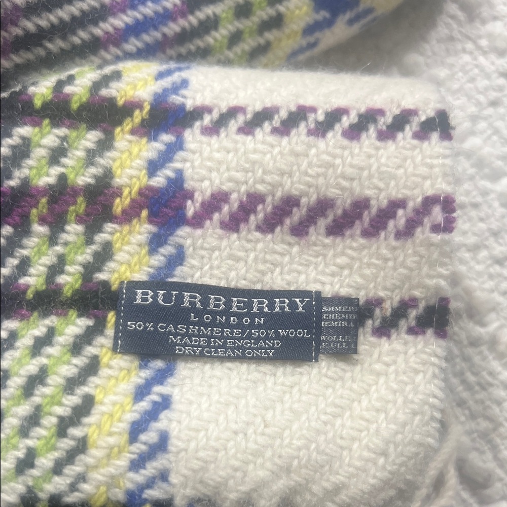 Burberry Cashmere Wool White and Purple Plaid Scarf Size 74”L approx